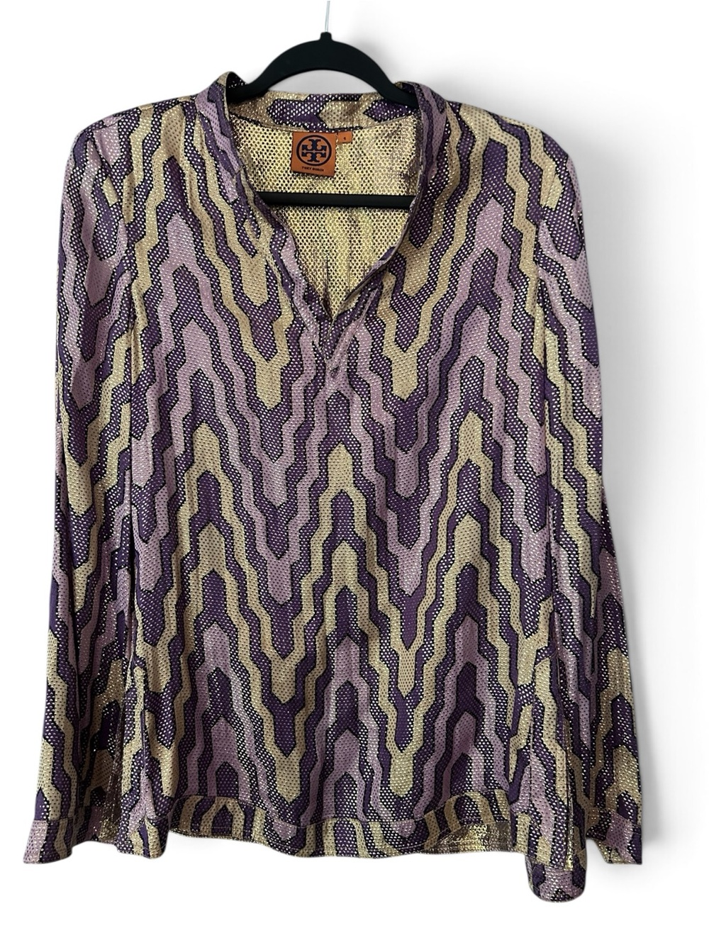 Tory Burch Stephanie Purple Chevron Silk Metallic Top Size 6